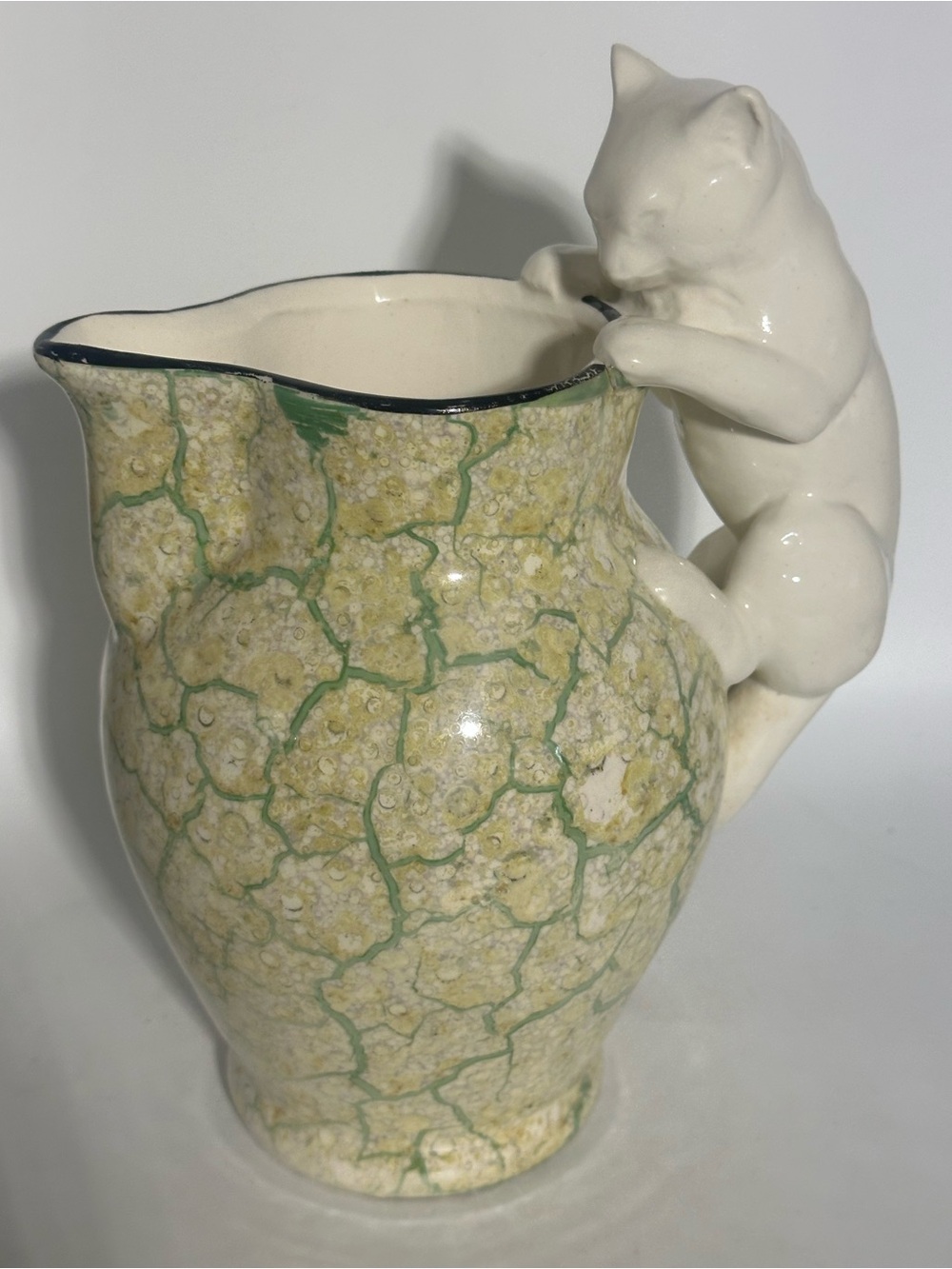 Ceramic Cat-Handle Pitcher in Cream and Green vintage